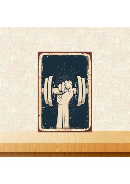 Ahşap Vintage Tablo " Dambıl Kaldıran El" Ahşap Mdf 25X35CM