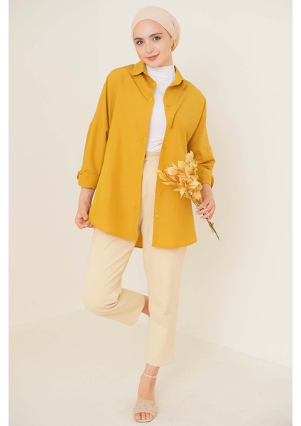 103901 Oversize Basic Tesettür Gömlek - Hardal fiyatları