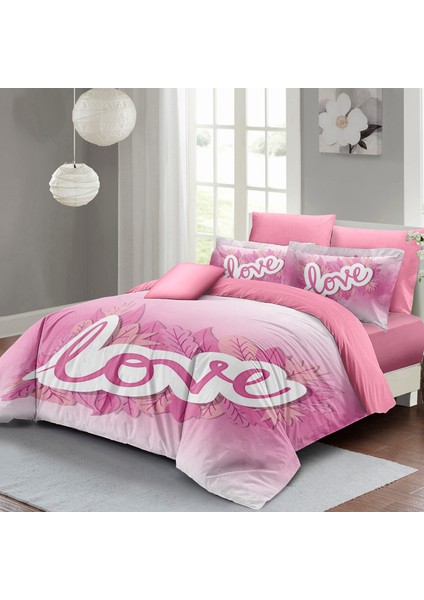 Sevgililer Günü Çift Kişilik Nevresim Takımı Pamuk Saten Pınk Love