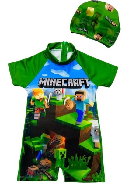 Erkek Çocuk Minecraft Alex Baskı Desen Çok Renkli Tam Vücut Şortlu Bone Mayo