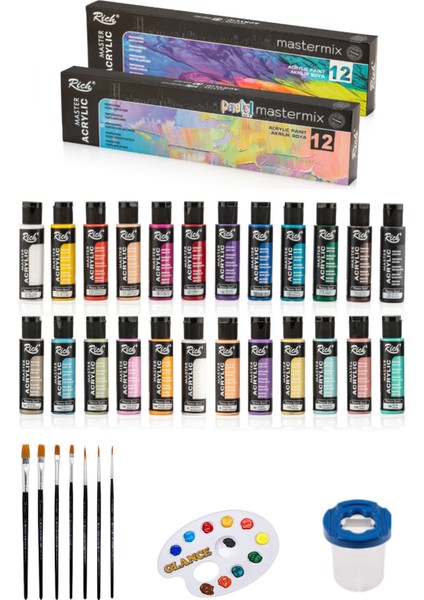 Rich Master Mix 60 cc Akrilik 12 Li (Canlı Renkler) (Pastel Renkler) Başlangıç Seti