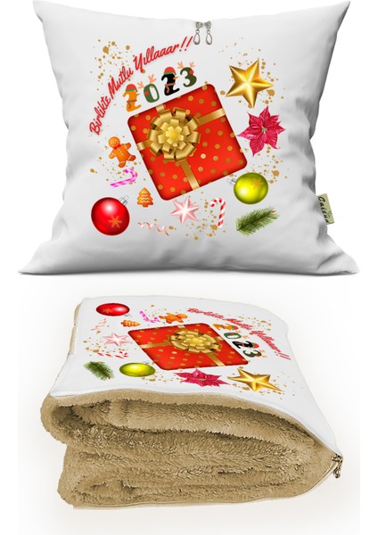 Yılbaşı Hediyesi Battaniyeli Yastık-Kırlent Happy New Year Opsiyonel Tv Battaniyeli Yastık 36X36CM