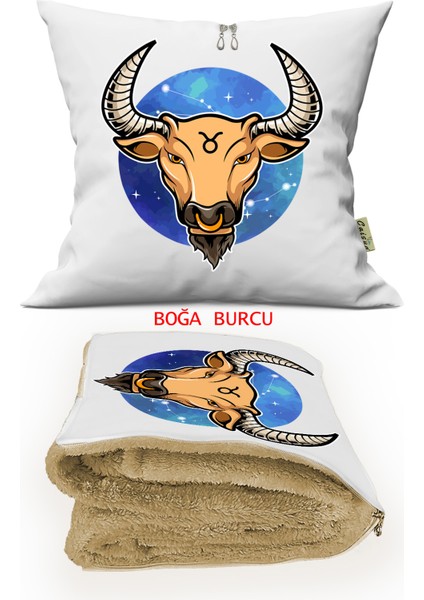 Boğa Burcu Baskılı Tv Battaniyeli Opsiyonel Yastık & Kırlent 36X36CM