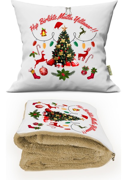 Yılbaşı Hediyesi Battaniyeli Yastık-Kırlent Happy New Year Opsiyonel Tv Battaniyeli Yastık 36X36CM