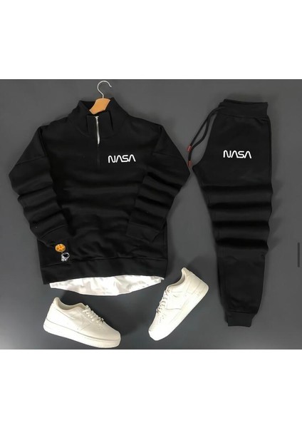 Unisex Nasa Baskılı Yarım Fermuarlı Sweatshirt-Eşofman Altı Alt Üst Takım