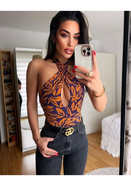 Kadin Bordo/turuncu Renkli Çiçek Desenli Göğüs Dekolteli Pamuk Triko Kumaş Body Suit