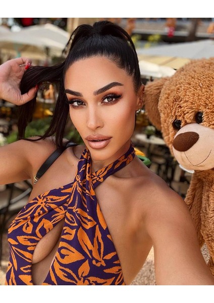 Kadin Bordo/turuncu Renkli Çiçek Desenli Göğüs Dekolteli Pamuk Triko Kumaş Body Suit
