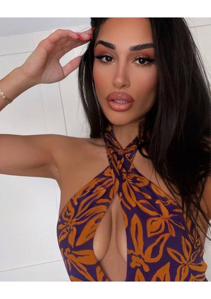Kadin Bordo/turuncu Renkli Çiçek Desenli Göğüs Dekolteli Pamuk Triko Kumaş Body Suit