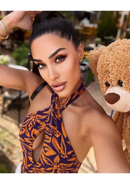 Kadin Bordo/turuncu Renkli Çiçek Desenli Göğüs Dekolteli Pamuk Triko Kumaş Body Suit