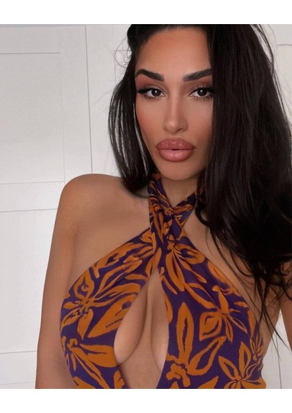 Kadin Bordo/turuncu Renkli Çiçek Desenli Göğüs Dekolteli Pamuk Triko Kumaş Body Suit modelleri