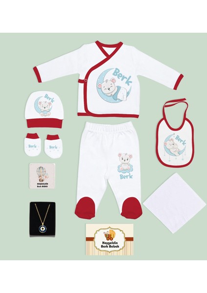 Kids Kişiye Özel Kırmızı Yeni Doğan Hastane Çıkışı, Anneye Hediye, Isimli Nazar Kolye, 9 Parça Bebek Hediye Seti-3