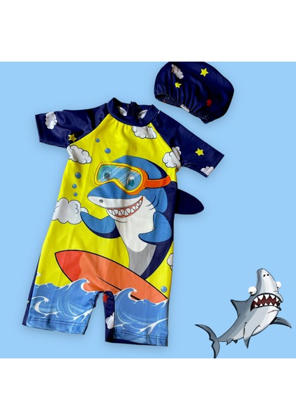 Erkek Çocuk Kısa Kol Sırt Fermuar Surfer Köpek Balığı Desen Hipster Yüzücü Mayo Bone Hediyeli