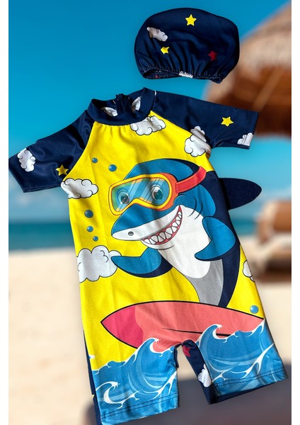 Erkek Çocuk Kısa Kol Sırt Fermuar Surfer Köpek Balığı Desen Hipster Yüzücü Mayo Bone Hediyeli fiyatları