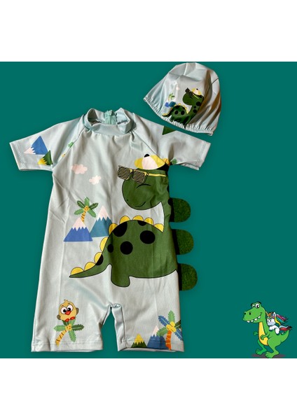 Erkek Çocuk Kısa Kol Sırt Fermuar Sevimli Dinozor Desen Keçe Detaylı Hipster Yüzücü Mayo Bone Hediyeli