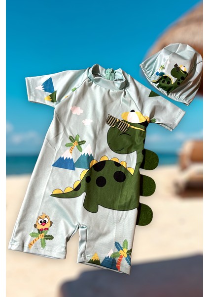 Erkek Çocuk Kısa Kol Sırt Fermuar Sevimli Dinozor Desen Keçe Detaylı Hipster Yüzücü Mayo Bone Hediyeli fiyatları