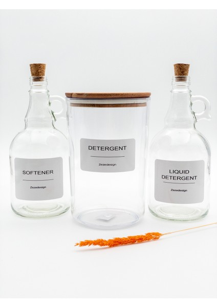 3'lü Set - Ahşap Kapaklı Toz Deterjan Kavanozu & Sıvı Deterjan ve Yumuşatıcı Şişesi Mantar Kapak fırsatları