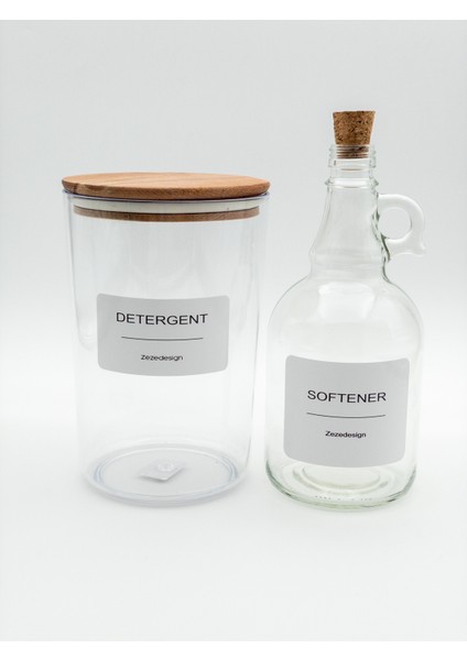 Ahşap Kapaklı Toz Deterjan Kavanozu / Kutusu 2300ML ve Yumuşatıcı Şişesi Mantar Kapak 1000ML modelleri