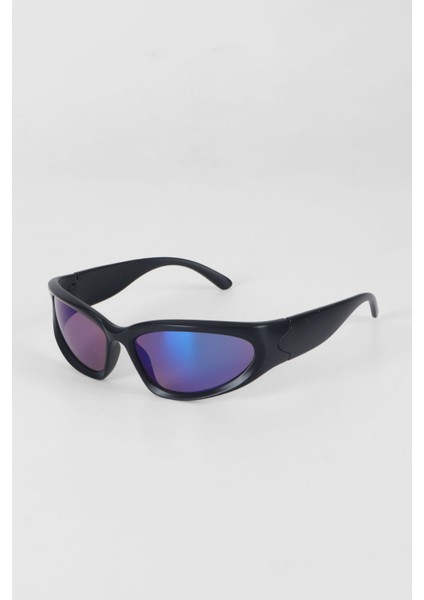 Biker Spor Güneş Gözlüğü - Mat Siyah Lacivert Aynalı Cam