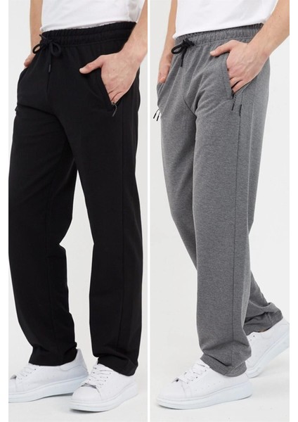 Siyah-Antrasit Erkek Büyük Beden 2'li Düz Paça Cep Fermuar Detaylı Rahat Kesim Eşofman Altı