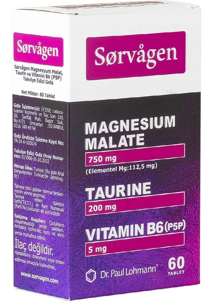 Magnezyum Malat, Taurin ve Vitamin B6 (P5P) 60 Tablet