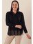 Şifon Detaylı Gömlek Yaka Rahat Kesim Büyük Beden Bluz Siyah 1
