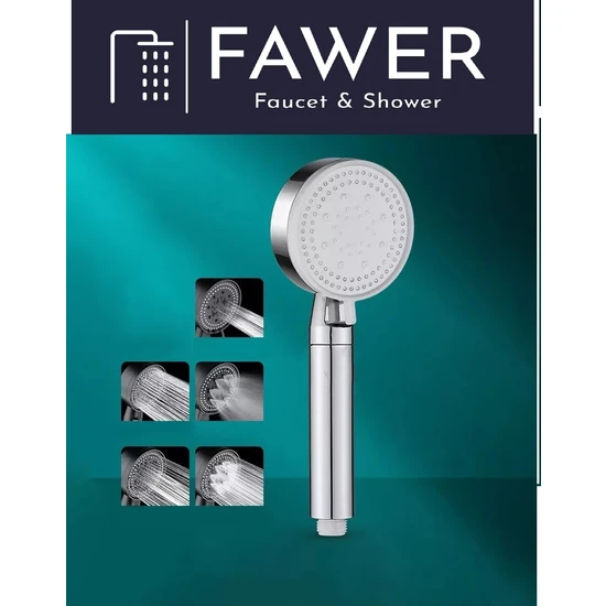 FAWER Faucet & Shower 5 Fonksiyonlu Krom Yüksek Basınçlı Ayarlanabilir Duş Başlığı El Duşu