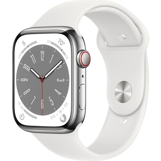 Apple Watch Series 8 GPS + Cellular 45mm Gümüş Rengi Paslanmaz Çelik Kasa Beyaz Spor Kordon - MNKE3TU/A