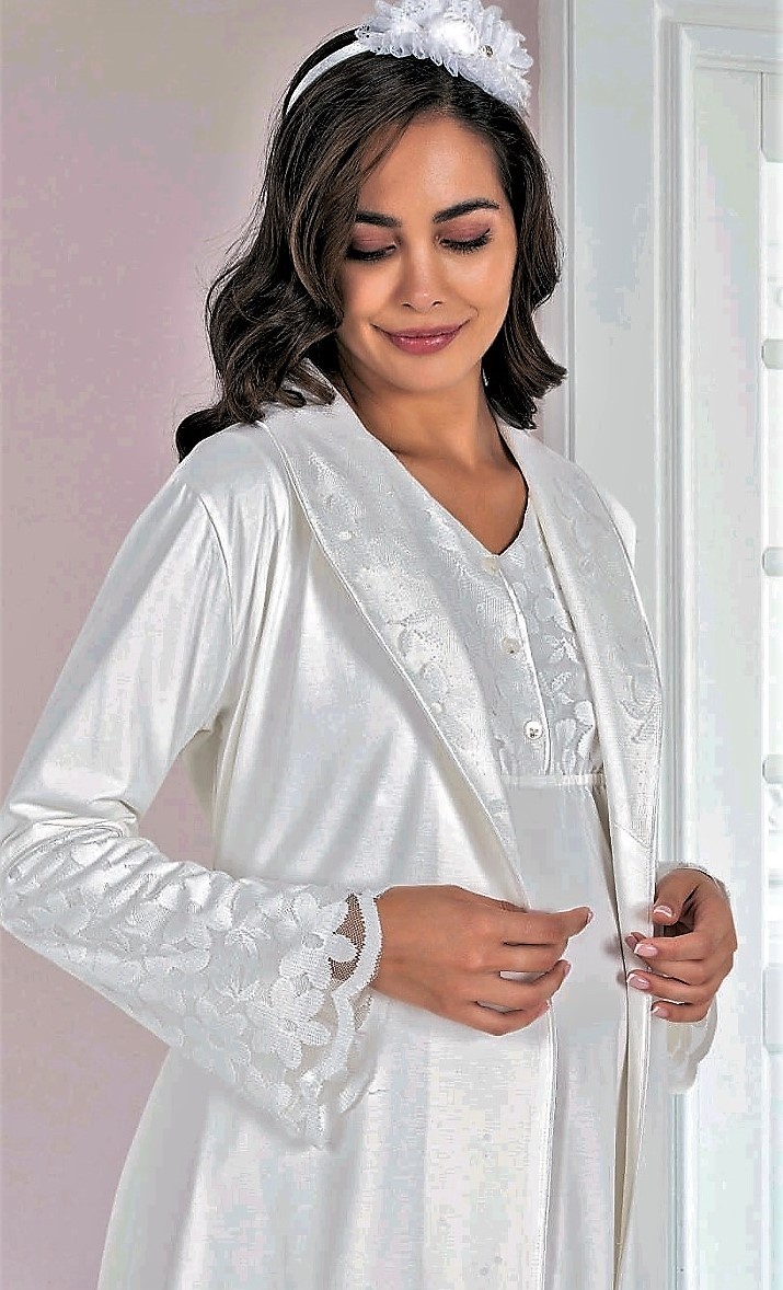 Flz Sabahlıklı 3'lü Lohusa Pijama Takımı Ekru