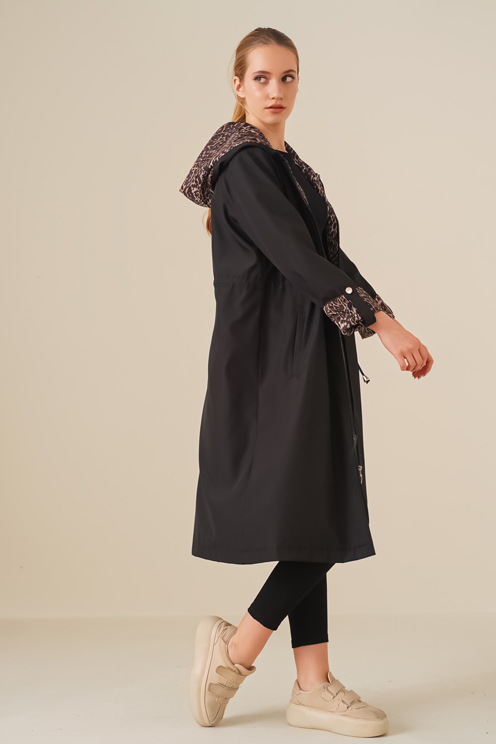 Bigdart Siyah Bigdart Kadın Trençkot Beli Büzgülü Kapşonlu %100 Polyester Günlük Kullanım görsel 2