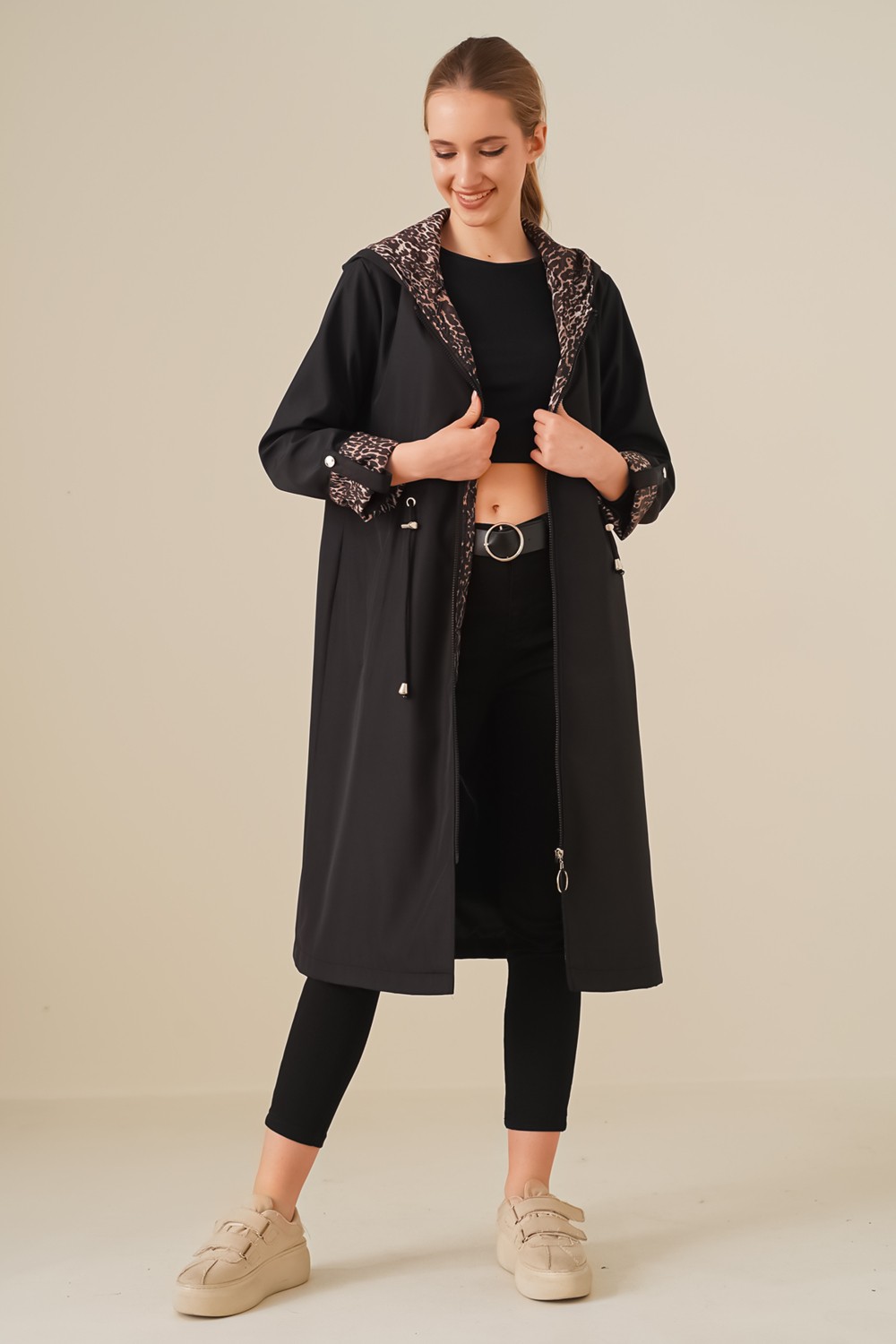 Bigdart Siyah Bigdart Kadın Trençkot Beli Büzgülü Kapşonlu %100 Polyester Günlük Kullanım görsel 3