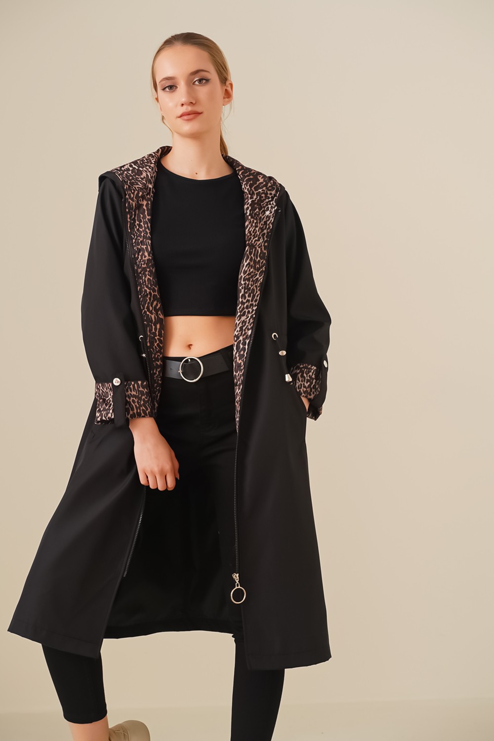 Bigdart Siyah Bigdart Kadın Trençkot Beli Büzgülü Kapşonlu %100 Polyester Günlük Kullanım görsel 4