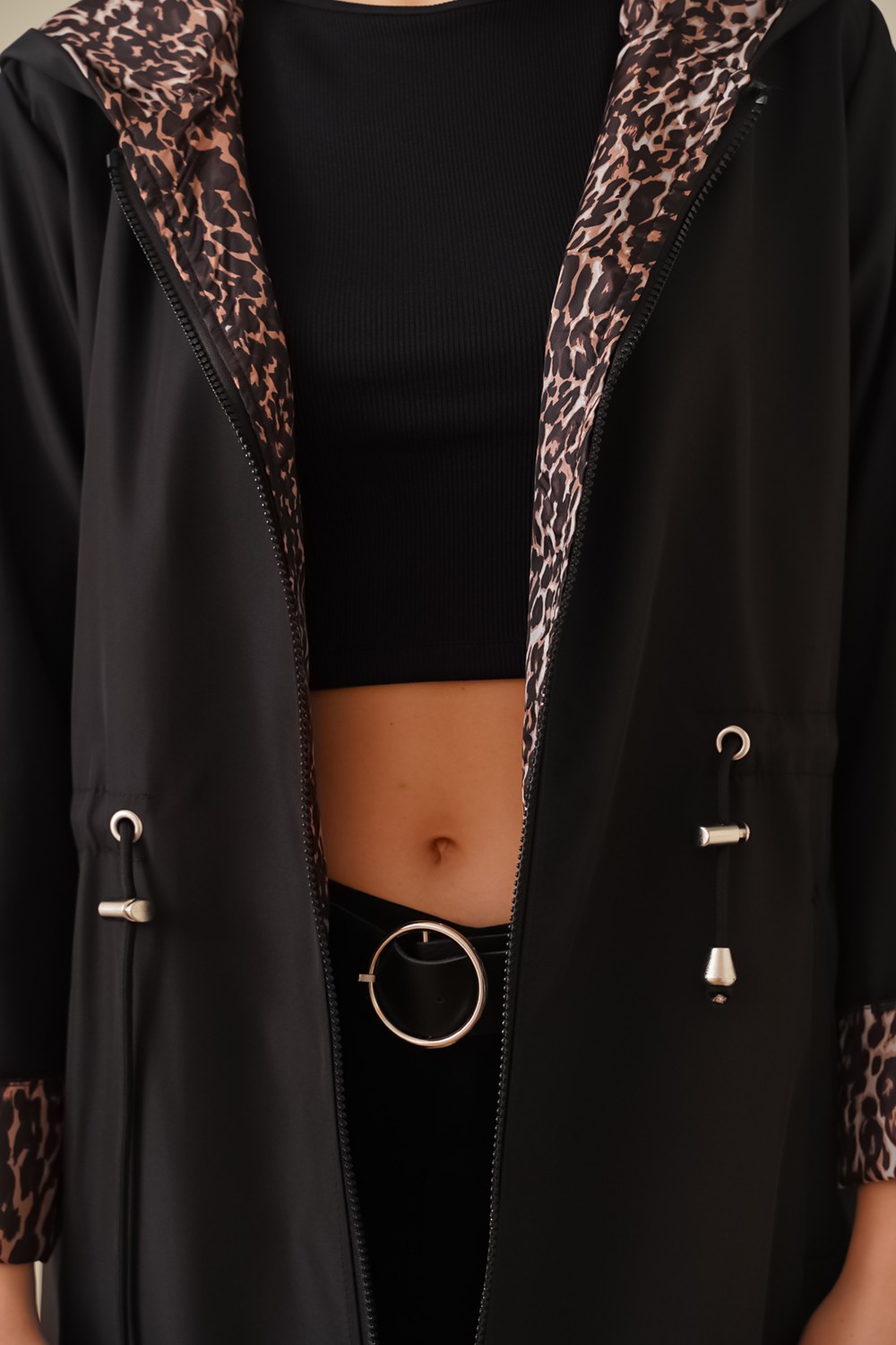 Bigdart Siyah Bigdart Kadın Trençkot Beli Büzgülü Kapşonlu %100 Polyester Günlük Kullanım görsel 5