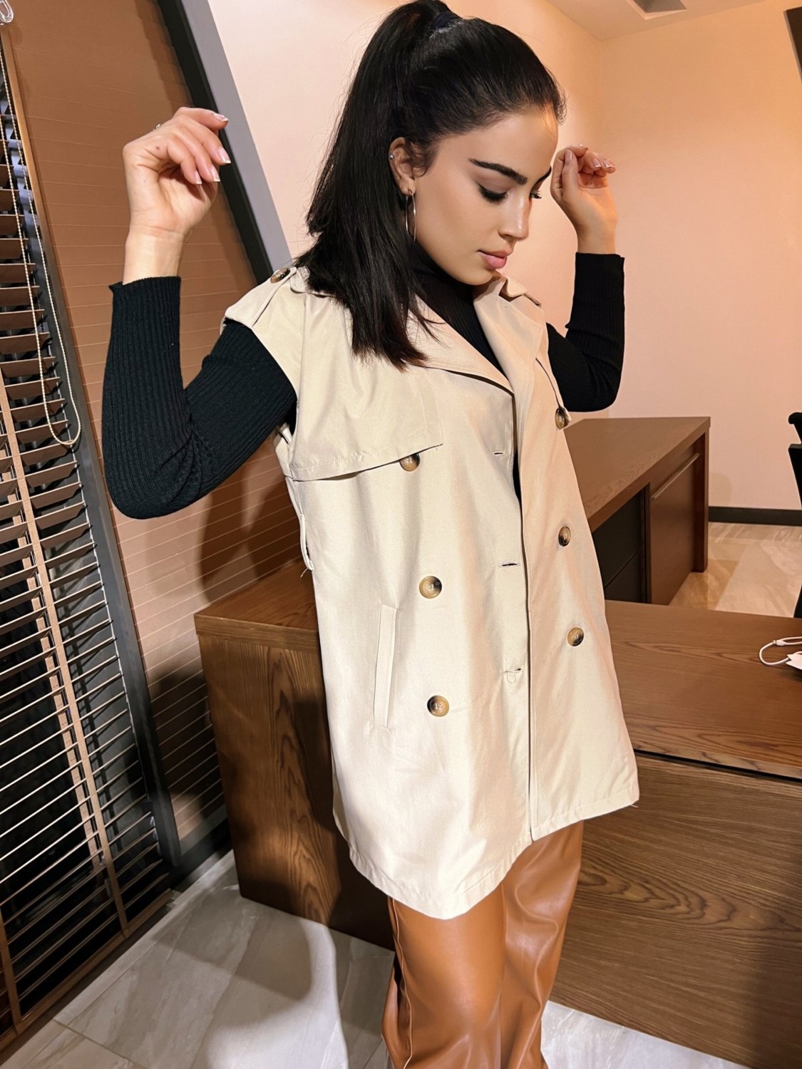 Hakke Camel Beli Kuşaklı Çift Cepli Trençkot görsel 5