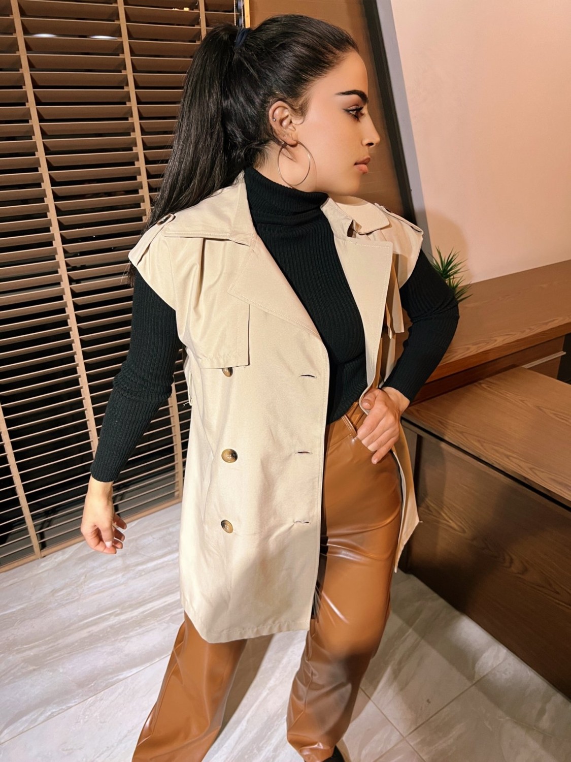 Hakke Camel Beli Kuşaklı Çift Cepli Trençkot görsel 6