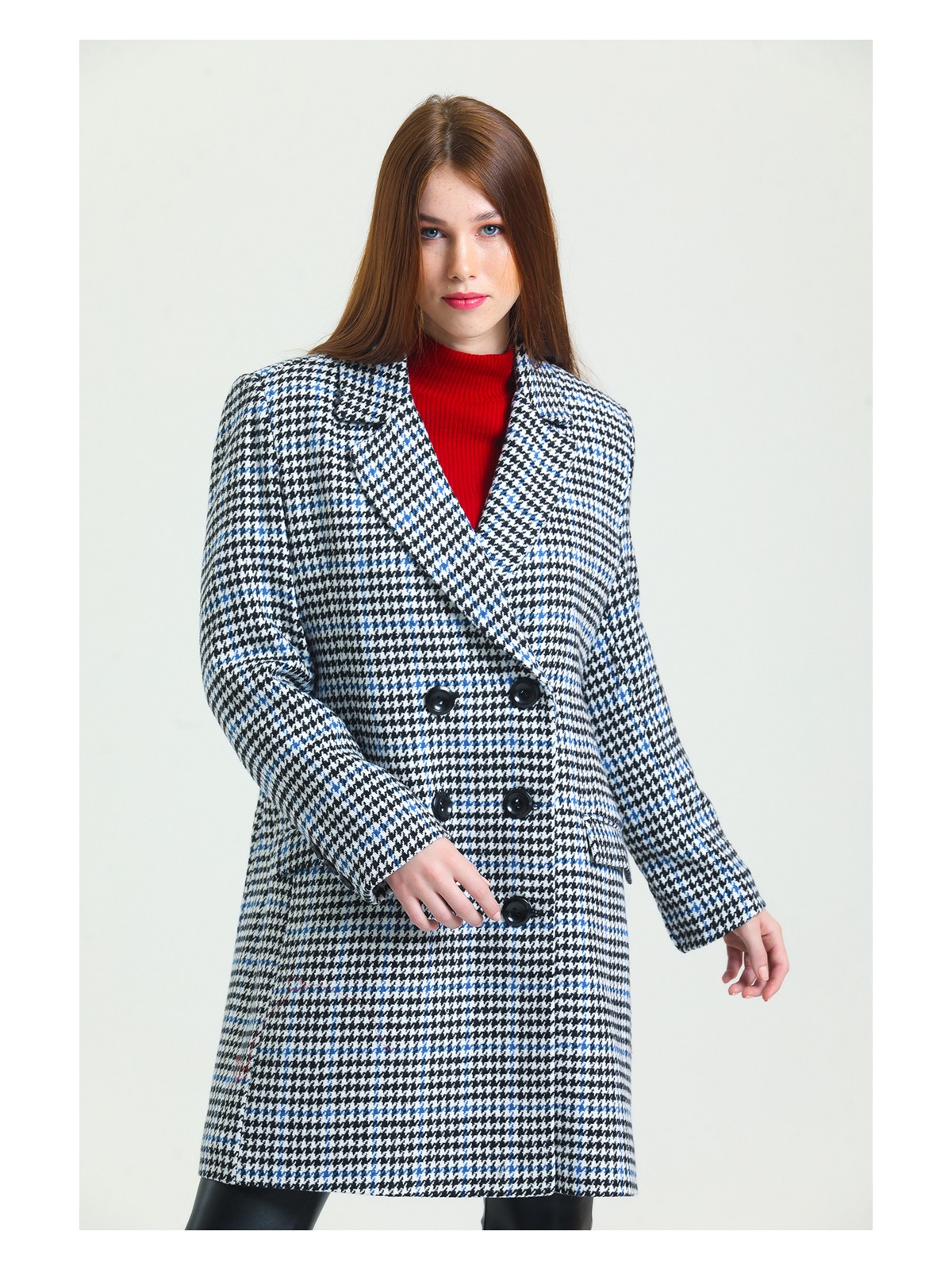 Sense 6 Düğmeli Içi Astarlı Kaşe Kaban | KBN34605 Siyah Saks Kaz Ayağı