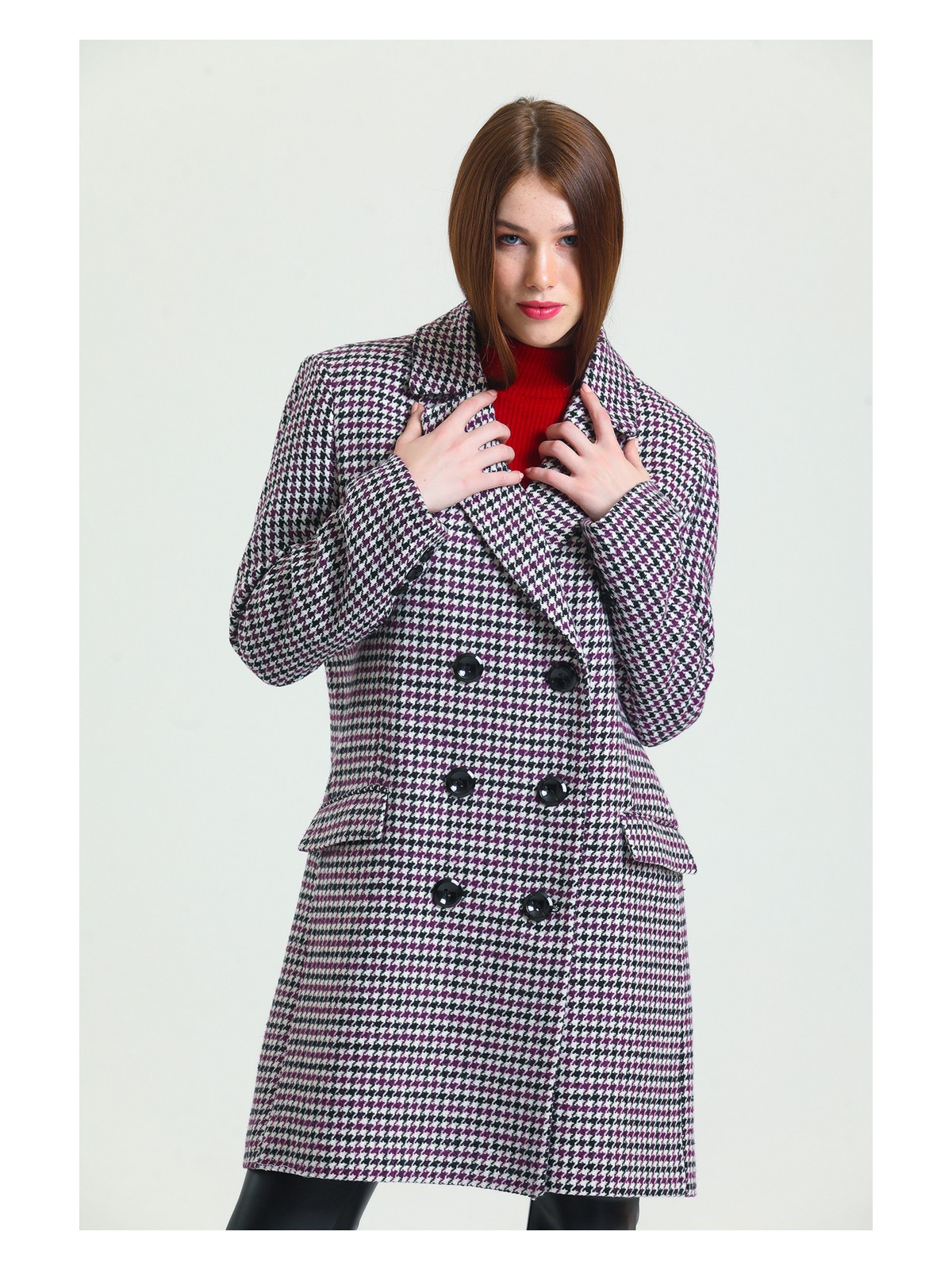 Sense 6 Düğmeli Içi Astarlı Kaşe Kaban | KBN34605 Siyah Mor Kaz Ayağı