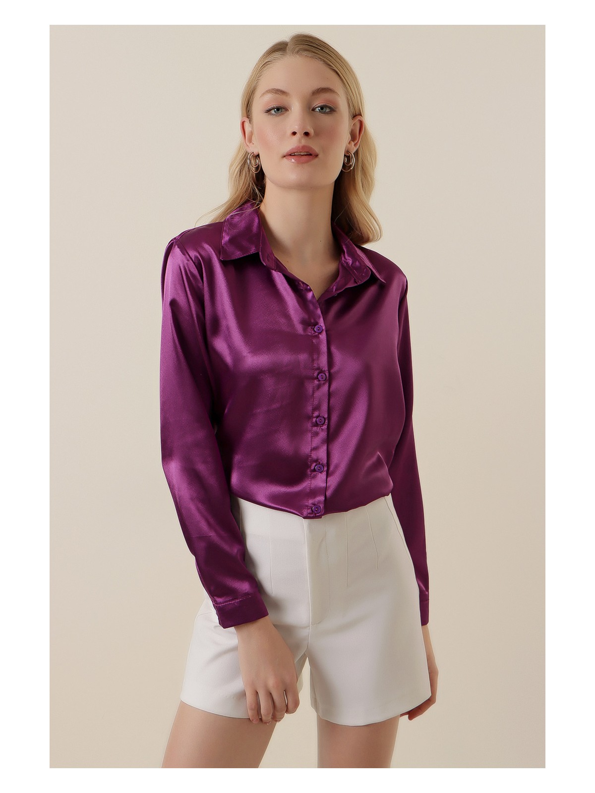 Bigdart 3964 Hafif Dökümlü Saten Gömlek - Y. Mor