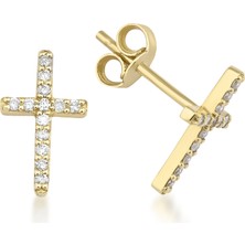 Kairos Jewelry 14 Ayar Altın Taşlı Haç Çivi Küpe