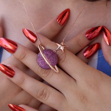 Kırmızı Taşlı Gezegen Satürn Gümüş Kolye