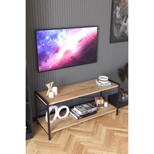 Tedarik Center Dekoratif Tv Ünitesi Ahşap Demir Ayaklı Raflı Televizyon Sehpası - Atlantik Çam