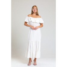 Sense Degaje Yaka Yakası Lastikli Dokuma Viskon Uzun Elbise | ELB34315