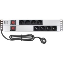 Connect 19'' 2u (4+4) 8 Way French Type Nfc 61314 Socket On / Off Lıghted Swıtch, 3x1,5 Mm² Nymhy Cable, DIN49441 Plug Alumınıum Profıle Frame Pdu