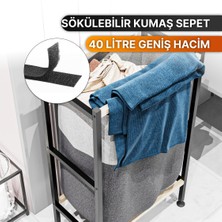 Bino Banyo Düzenleyici Çamaşır Sepeti Ahşap Raflı Kirli Sepeti Keten Kumaşlı Organizer