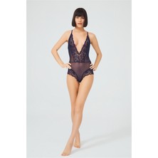 COTTONHILL Lacivert Çıtçıtlı Dantelli Transparan Sırt Çapraz Ipli Bodysuit
