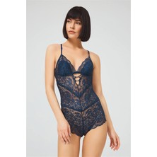 COTTONHILL Petrol Yeşili Çıtçıtlı Sırt Dekolte Kaplı Dantelli Kadın Bodysuit
