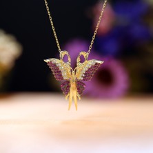 Kırmızı Beyaz Taşlı Kelebekli Söz Makası Gümüş Kolye