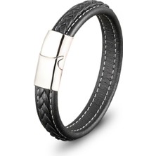 Hakiki Deri Siyah Örgülü Çelik Erkek Bileklik