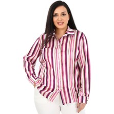 Disentis Modest Büyük Beden Fuşya Çizgili Saten Gömlek