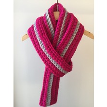Mora Knit El Örgüsü Yumuşak Yünlü Fuşya Gri Atkı