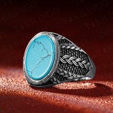 Takılingo 925 Ayar Gümüş Örgü Desenli Turkuaz Firuze Taşlı Erkek Yüzük